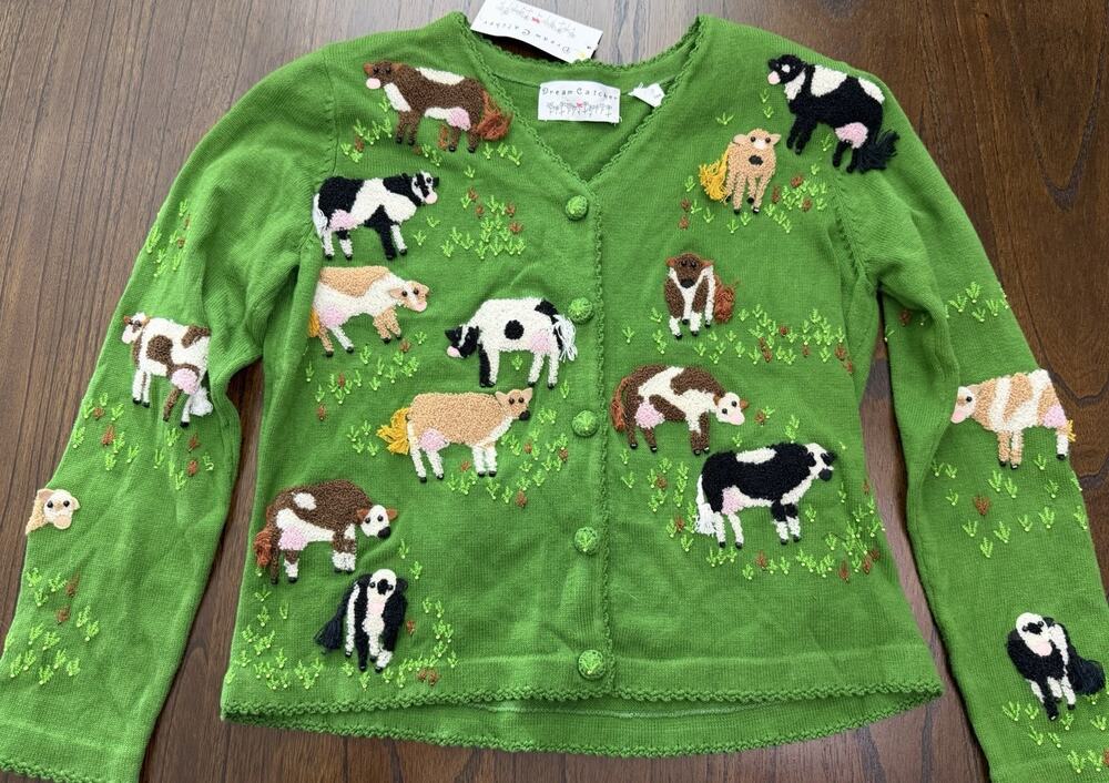 Dream Catcher Green Knitting Cows 3D Cottagecore Granny Cardigan Sweater Size M